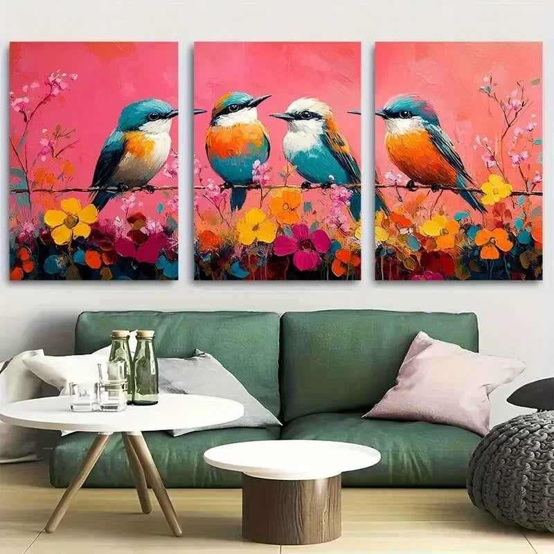 3pcs Birds on Branch with Colorful Florals Design Metal Print Ready to Hang Art