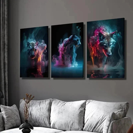 3pcs Fantasy Neon Animal Tiger Bear Wolf Wall Art Set Canvas Framed 40x60cm - High Quality Print 100% Australian Made Wall Canvas Ready to Hang
