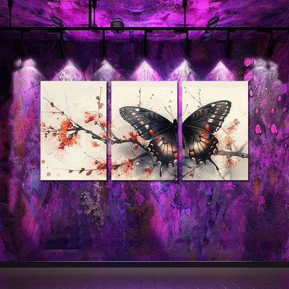 3pcs Butterfly with Red Florals Branch Wall Art Set Canvas Framed 60x90cm - High Quality Print 100% Australian Made Wall Canvas Ready to Hang