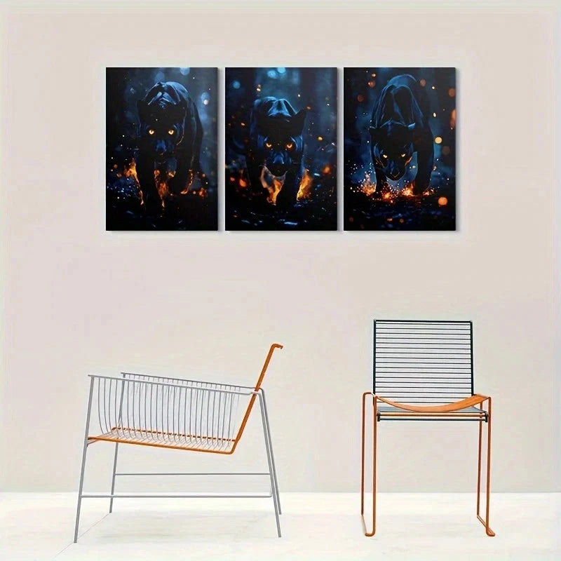 3pcs Black Panther Fiery Blue Eyes and Glowing Metal Print Ready to Hang Art