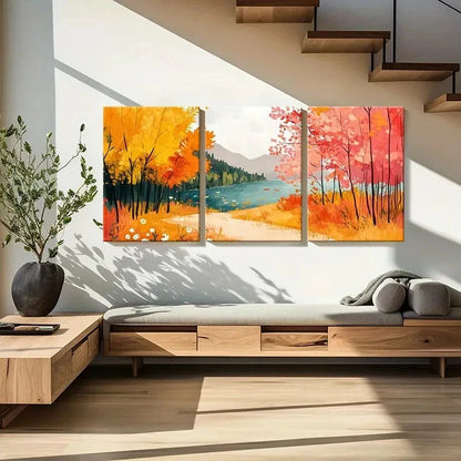 3pcs Autumn Lake Scenery Colorful Trees Landscape Metal Print Ready to Hang Art