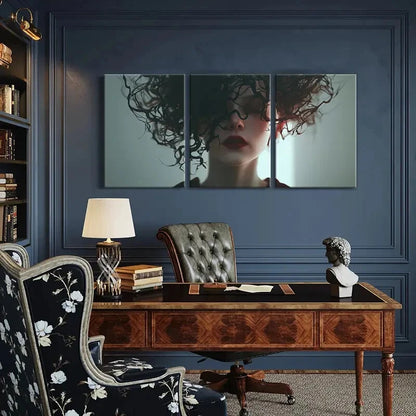 3pcs Woman Face Curly Hair Red Lips Metal Print Ready to Hang Art