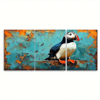 3pcs Puffin Bird Impasto Rustic Illustration Wall Art Set Canvas Framed 50x70cm - High Quality Print 100% Australian Made Wall Canvas Ready to Hang