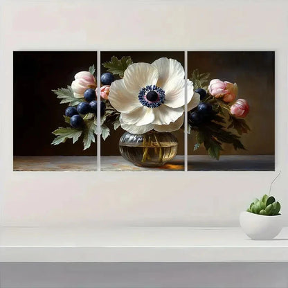 3pcs Sweet Anemone & Blueberries Still Life Art Metal Print Ready to Hang Art