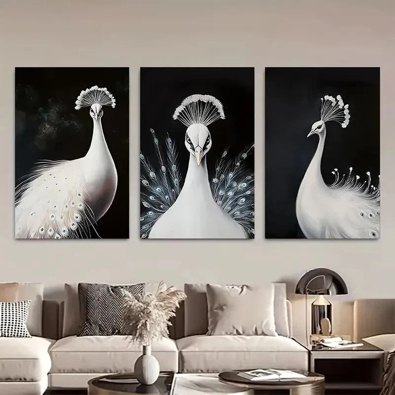 3pcs Dark Aesthetic Elegant White Peacock Metal Print Ready to Hang Art
