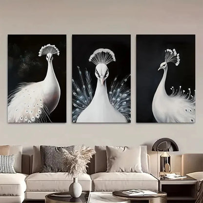 3pcs Dark Aesthetic Elegant White Peacock Metal Print Ready to Hang Art