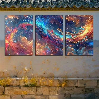 3pcs Vibrant Gecko Floating in Space Illustration Metal Print Ready to Hang Art