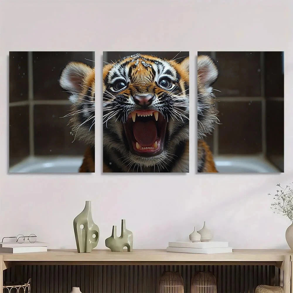 3pcs Funny Tiger Brushing Teeth Metal Print Ready to Hang Art