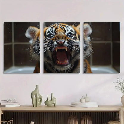 3pcs Funny Tiger Brushing Teeth Metal Print Ready to Hang Art