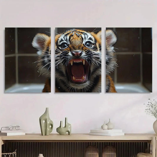 3pcs Funny Tiger Brushing Teeth Metal Print Ready to Hang Art
