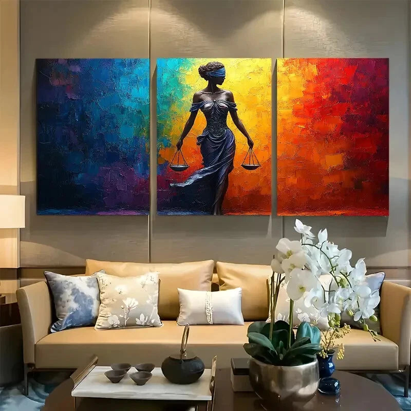 3pcs Lady Justice in Vibrant Background Design Metal Print Ready to Hang Art