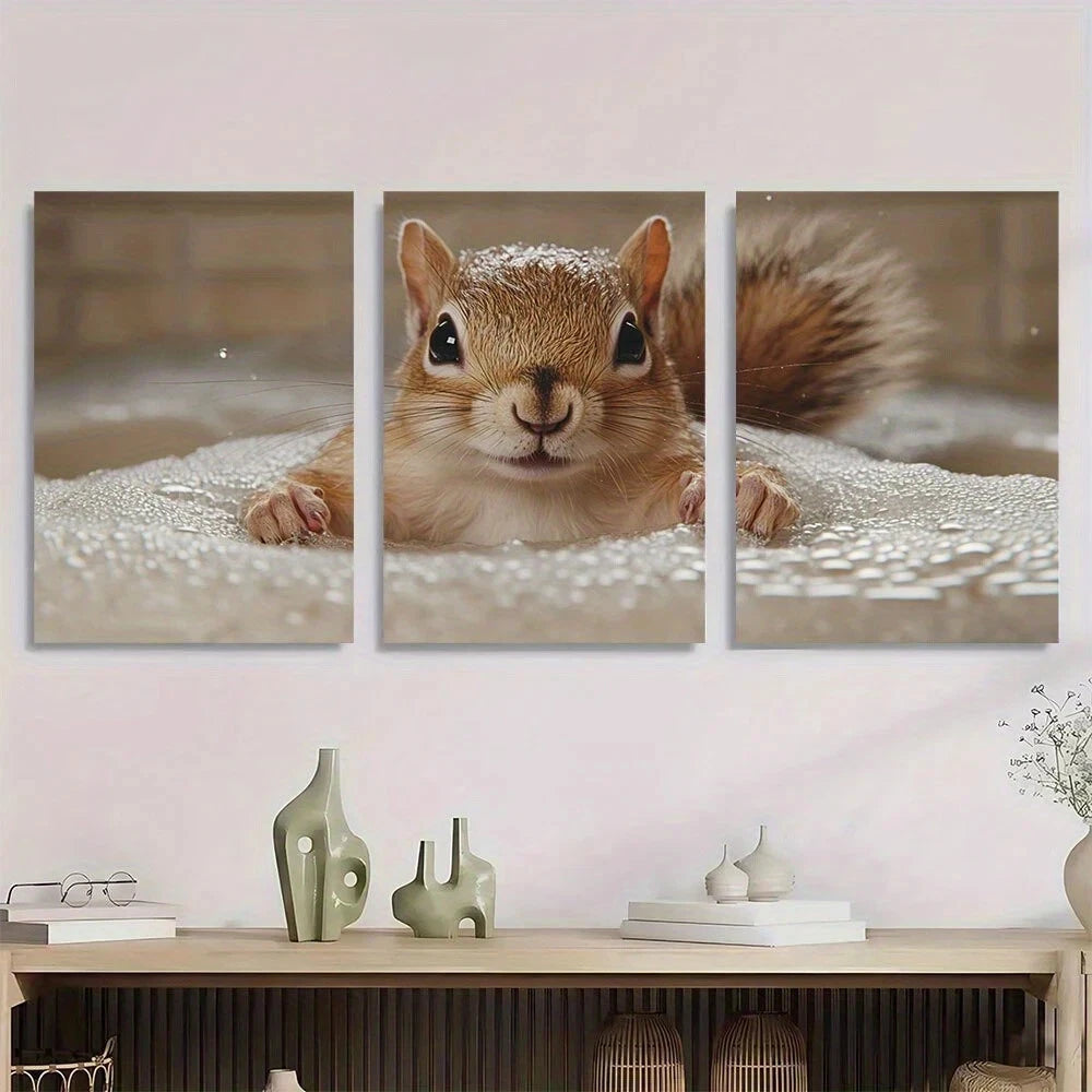 3pcs Adorable Cute Squirrel Vintage Style Metal Print Ready to Hang Art