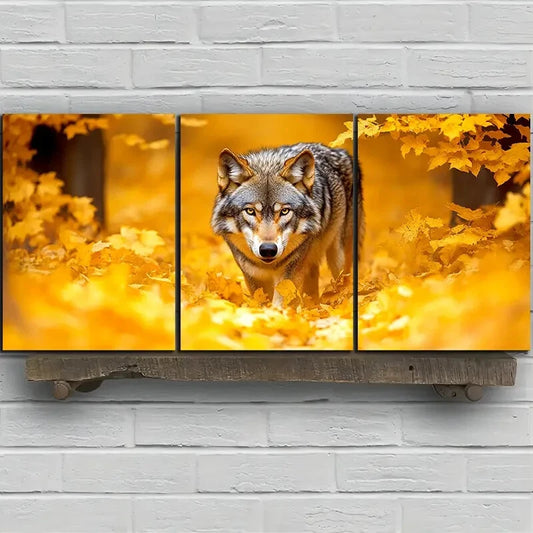 3pcs Majestic Wolf Trio Yellow Forest Metal Print Ready to Hang Art