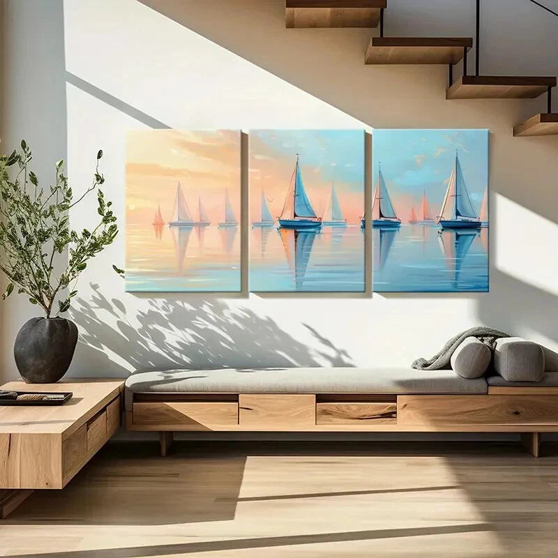 3pcs Sailing Boats Serene Ocean Pastel Sky Metal Print Ready to Hang Art