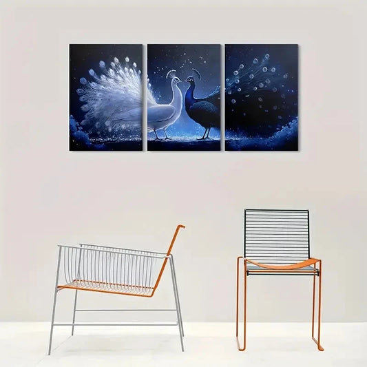 3pcs Abstract Painting Blue PeaRooster Metal Print Ready to Hang Art