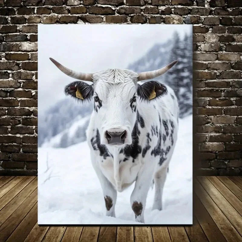 Contemporary Black and White Cow on Snow Painting 40x60cm Metal Print Ready to Hang