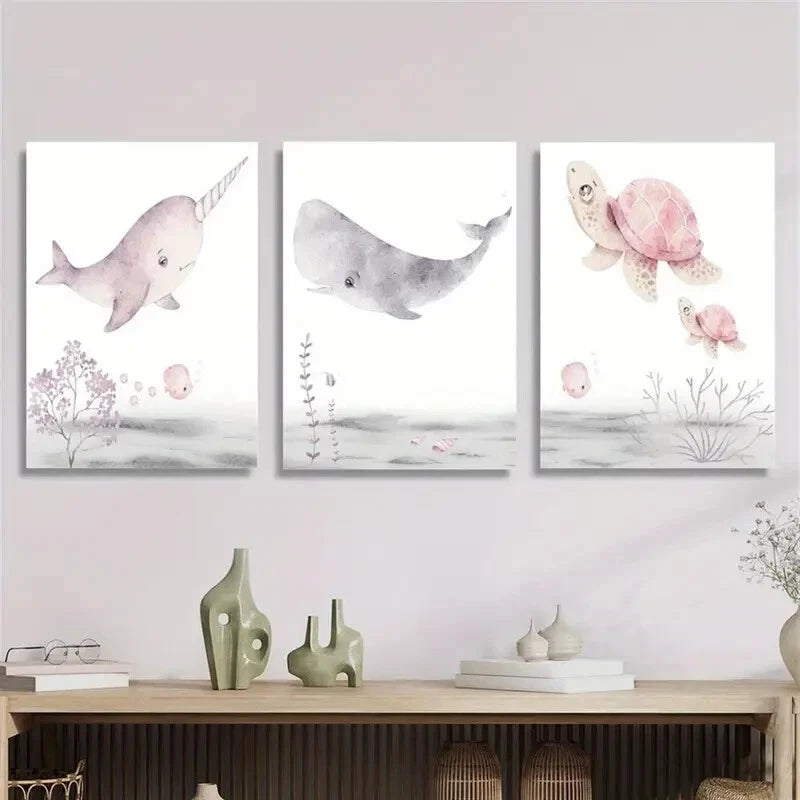 3pcs Cartoon Marine Animals Poster Watercolor Metal Print Ready to Hang Art