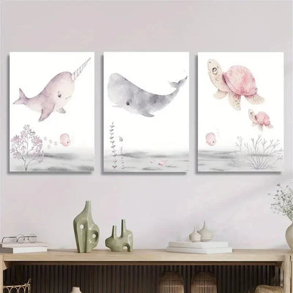 3pcs Cartoon Marine Animals Poster Watercolor Metal Print Ready to Hang Art