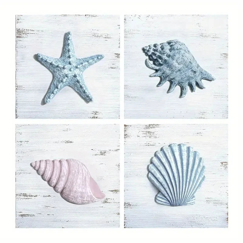 4pcs Starfish Wall Art Decor, Seashell Wall Art Canvas Framed