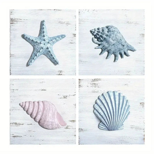 4pcs Starfish Wall Art Decor, Seashell Wall Art Canvas Framed