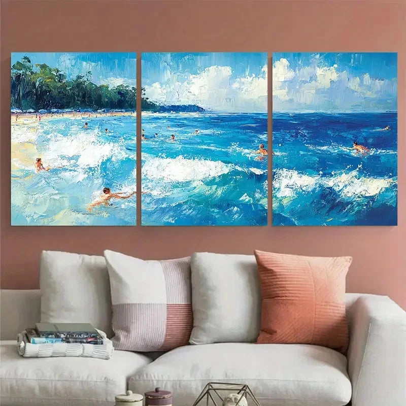 3pcs Joyful Coastal Summer Landscape Swimming Metal Print Ready to Hang Art