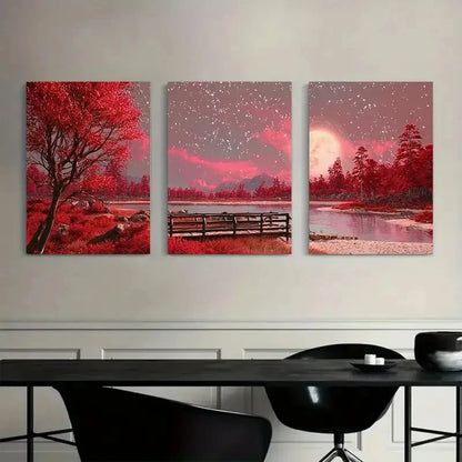 3pcs Cinematic Night Sky & Lake Painting Metal Print Ready to Hang Art