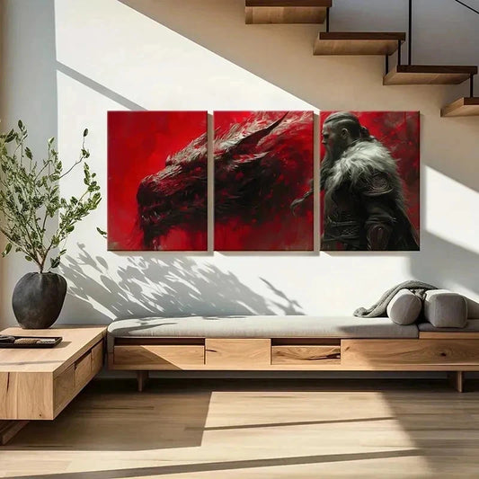 3pcs Fantasy Aesthetic Art Viking Scary Dragon Wall Art Set Canvas Framed 40x60cm - High Quality Print 100% Australian Made Wall Canvas Ready to Hang