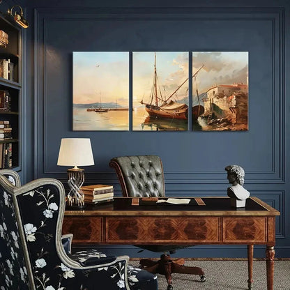 3pcs Maritime Scene Coastal Village Wooden Boat Metal Print Ready to Hang Art