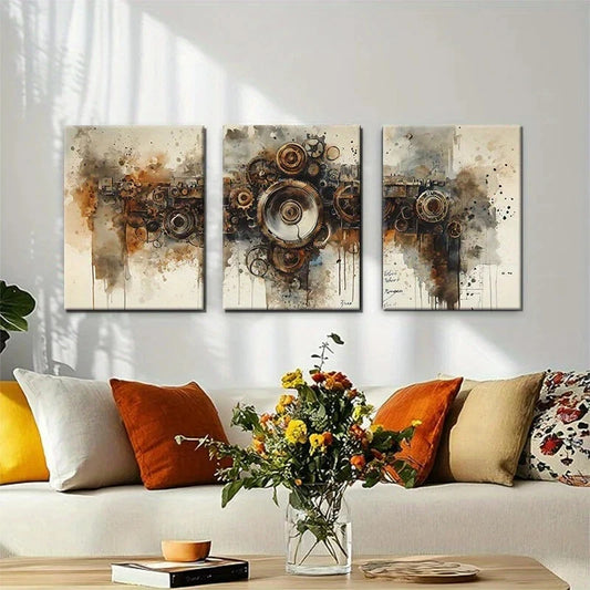 3pcs Abstract Industrial Rusty Gears & Drips Metal Print Ready to Hang Art