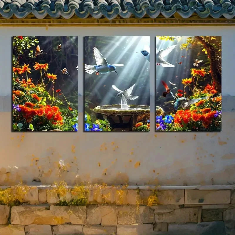 3pcs Vibrant Peaceful Dove and Floral Garden Metal Print Ready to Hang Art