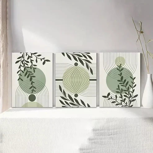 3pcs Abstract Geometric Prints in Green & Grey Canvas Framed 60x90cm - High Quality Print 100% Australian Made Wall Canvas Ready to Hang