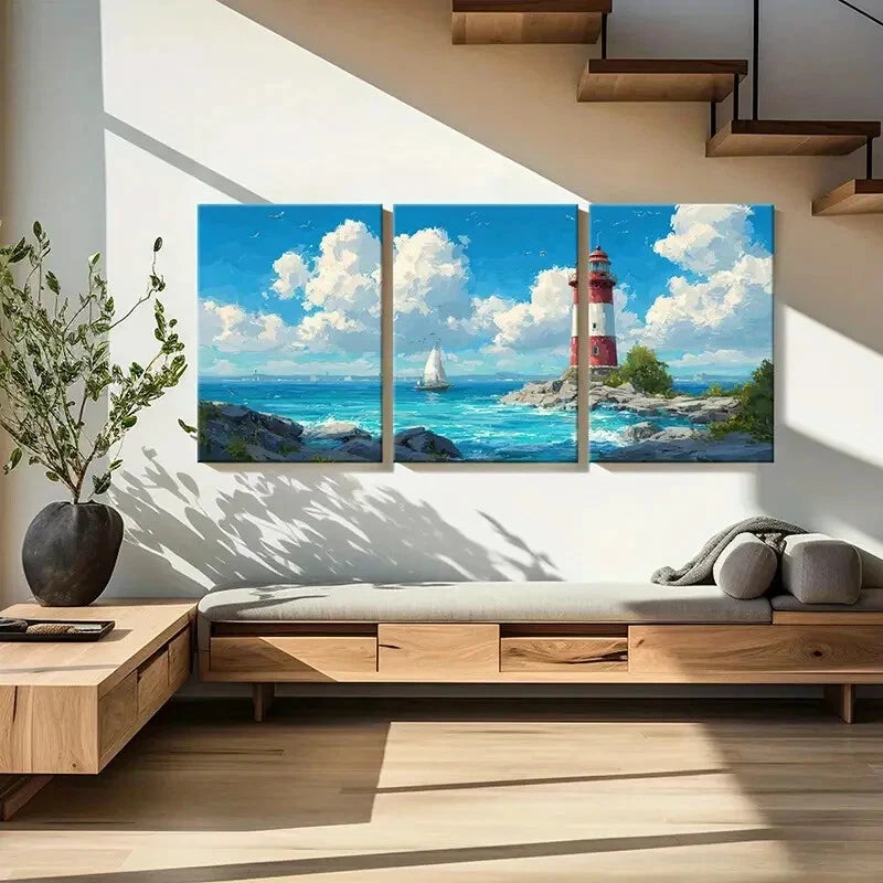 3pcs Lighthouse Sailboat Ocean Waves Blue Sky Metal Print Ready to Hang Art