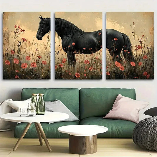 3pcs Dark Academia Equestrian Horse with Florals Metal Print Ready to Hang Art