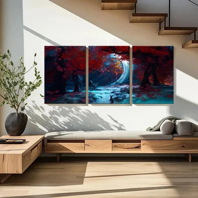 3pcs Maple Forest Rabbit Anime Landscape Wall Art Set Canvas Framed 40x60cm - High Quality Print 100% Australian Made Wall Canvas Ready to Hang
