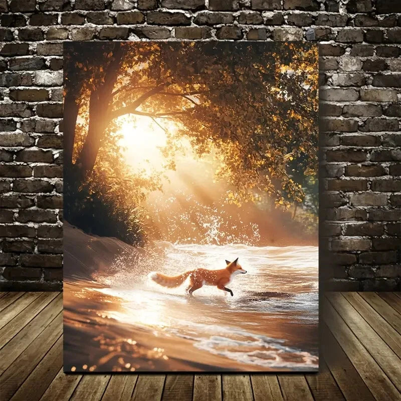 Enchanting Fox Splashing in Water Scene Painting 40x60cm Metal Print Ready to Hang