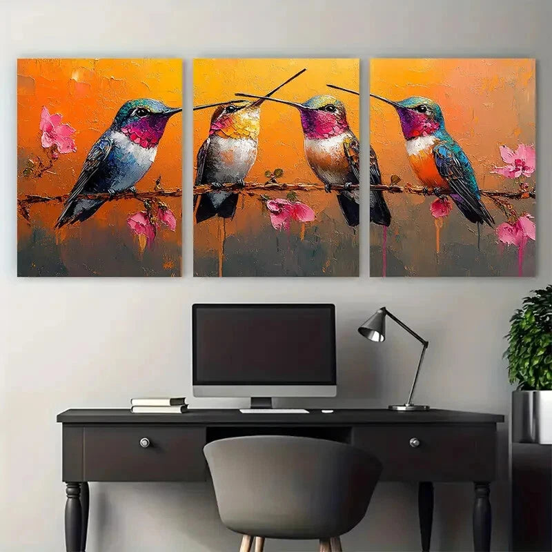 3pcs Hummingbird Small Birds Illustration Metal Print Ready to Hang Art
