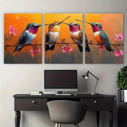 3pcs Hummingbird Small Birds Illustration Metal Print Ready to Hang Art