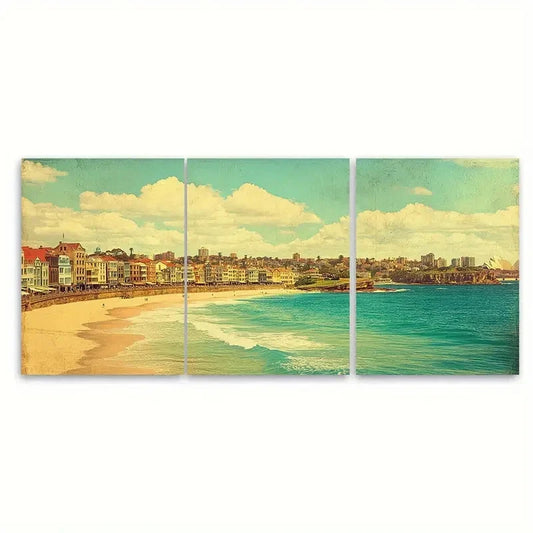 3pcs Vintage Sydney Ocean Poster Australia Wall Art Set Canvas Framed 60x90cm - High Quality Print 100% Australian Made Wall Canvas Ready to Hang