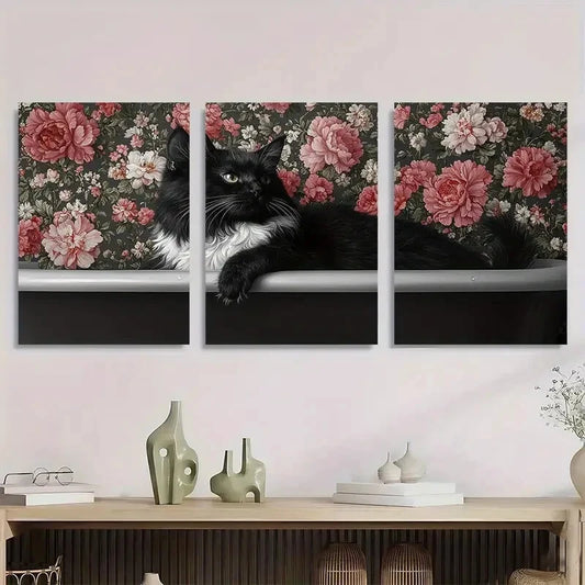 3pcs Black & White Cat in Bathtub with Vintage Metal Print Ready to Hang Art