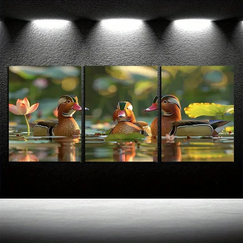 3pcs Mandarin Ducks Glide on The Water Surface Metal Print Ready to Hang Art