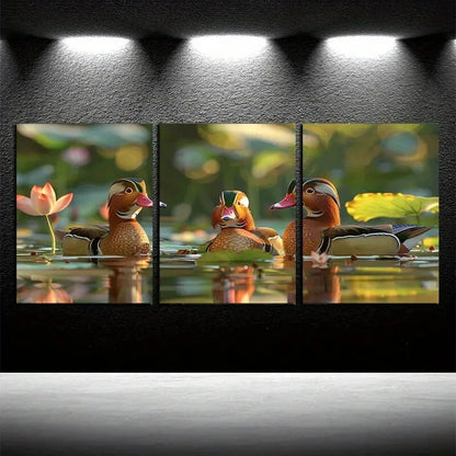 3pcs Mandarin Ducks Glide on The Water Surface Metal Print Ready to Hang Art