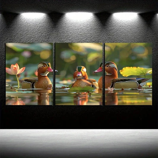 3pcs Mandarin Ducks Glide on The Water Surface Metal Print Ready to Hang Art