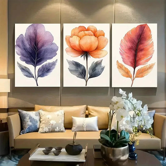 3pcs Minimalist Peony and Feather Watercolor Metal Print Ready to Hang Art