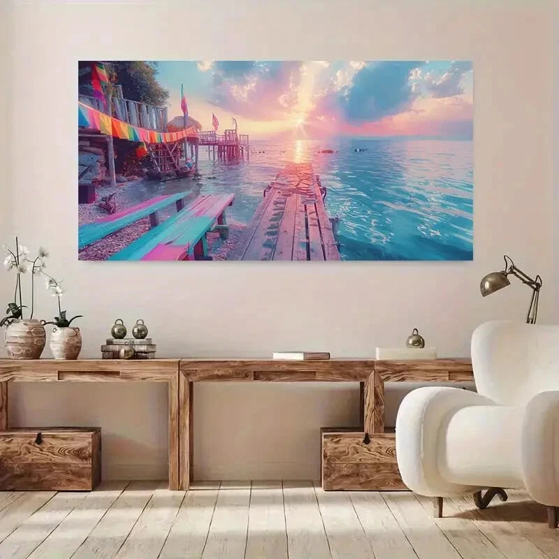 Pink Sunset Over River wall canvas office home room framed 120x60cm - Bella Home Decor