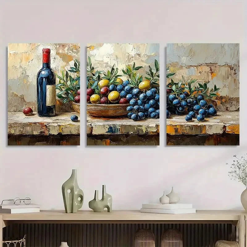 3pcs Kitchen Still Life Impasto Olives Perfect Wall Art Set Canvas Framed 40x60cm - High Quality Print 100% Australian Made Wall Canvas Ready to Hang