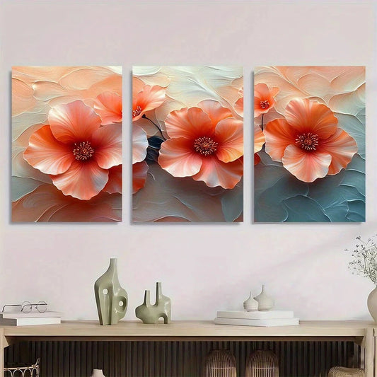3pcs Elegant Orange & Pink Flowers Green Leaves Metal Print Ready to Hang Art