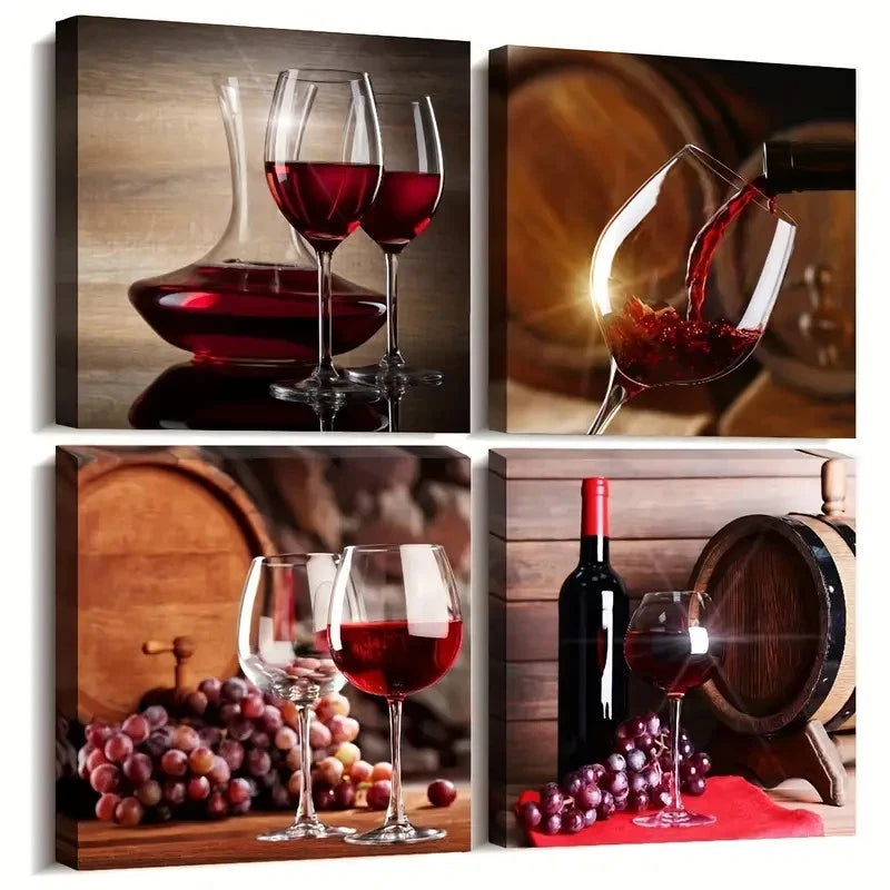 4pcs Wine Glass Wall Art for Modern Dining Room Wall Art Canvas Framed