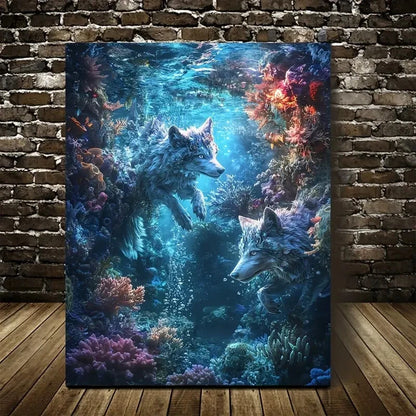 Steampunk Wolf Scene Underwater Painting 40x60cm Metal Print Ready to Hang