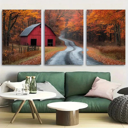 3pcs Rustic Red Barn Country Road and Trees Metal Print Ready to Hang Art