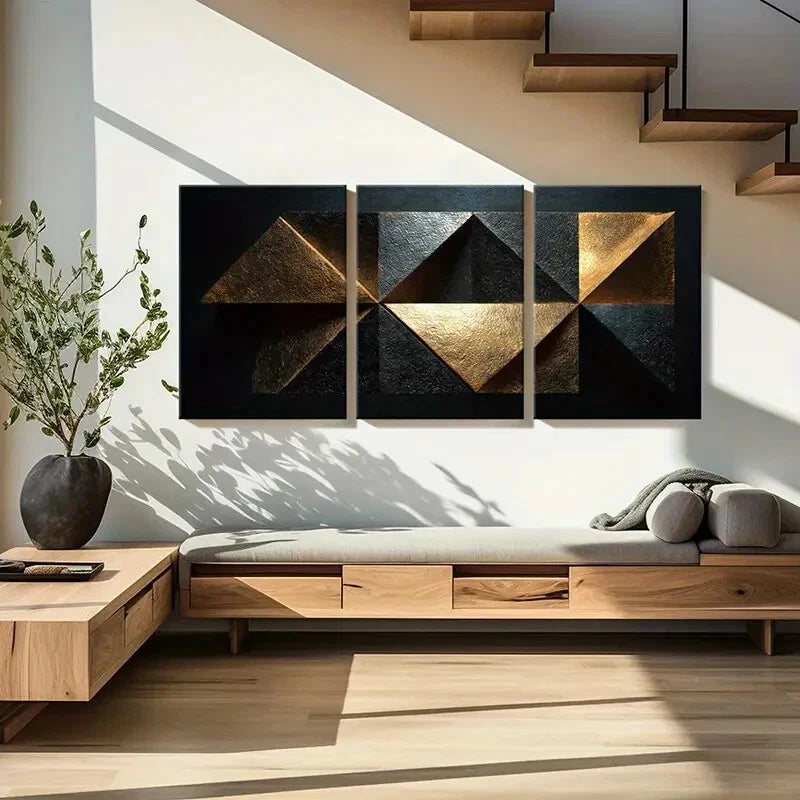 3pcs Abstract Golden Geometric Triangles Metal Print Ready to Hang Art